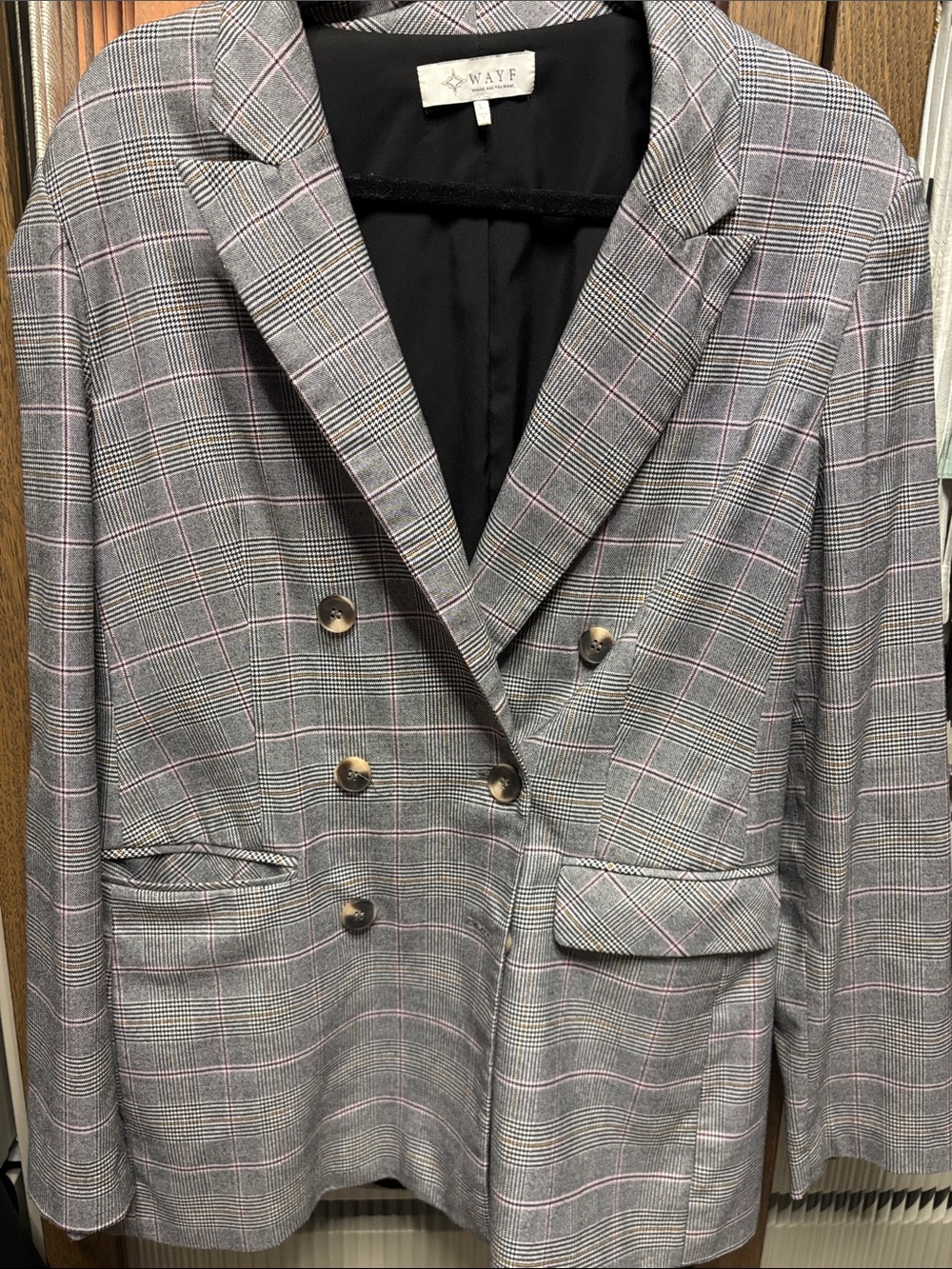 WAYF Gray Plaid Double-Breasted Blazer with Pink Windowpane